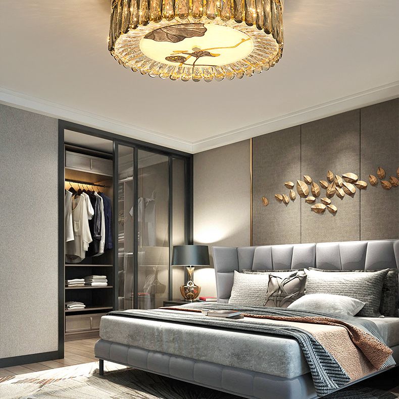 Creative Modern Drum Flush Mount Lamp Crystal Block Bedroom LED Ceiling Light in Brass