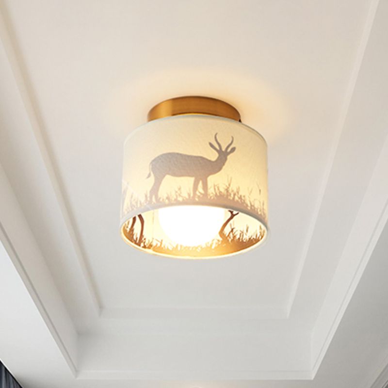 1 illuminazione a monte semi -filo del tamburo leggera Light Accensione del soffitto in tessuto in ottone tradizionale con motivo alce/foglia