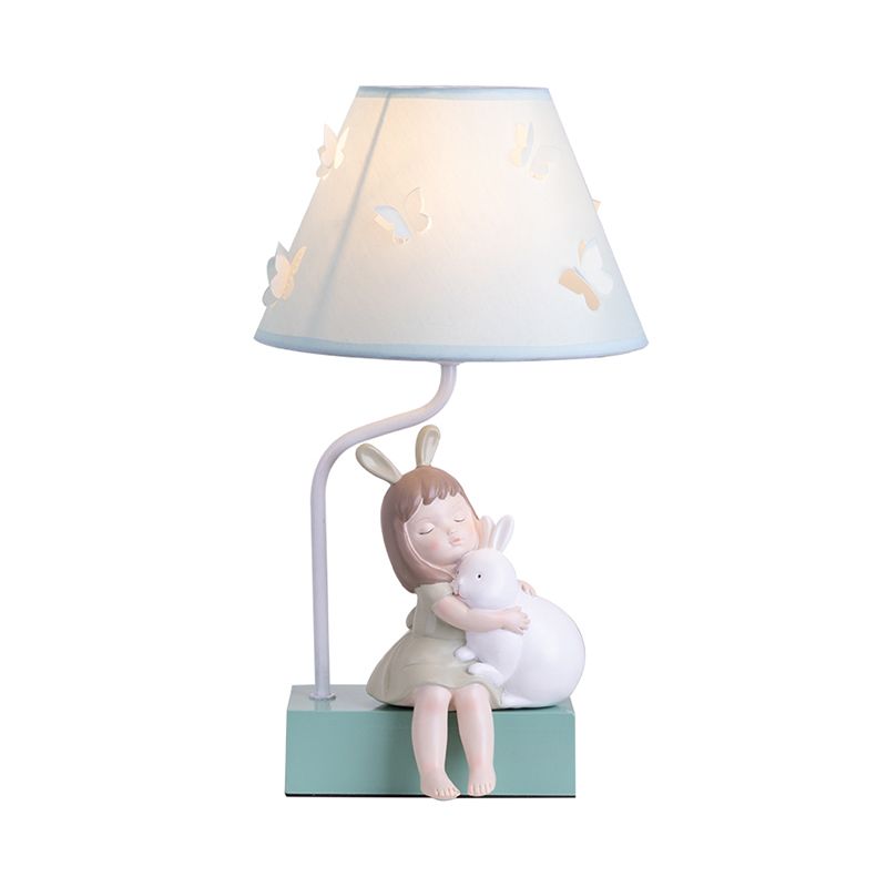Lampada da comodino in tessuto per bambini a 1 luce con illuminazione notturna affusolata blu con decorazioni per conigli e ragazze