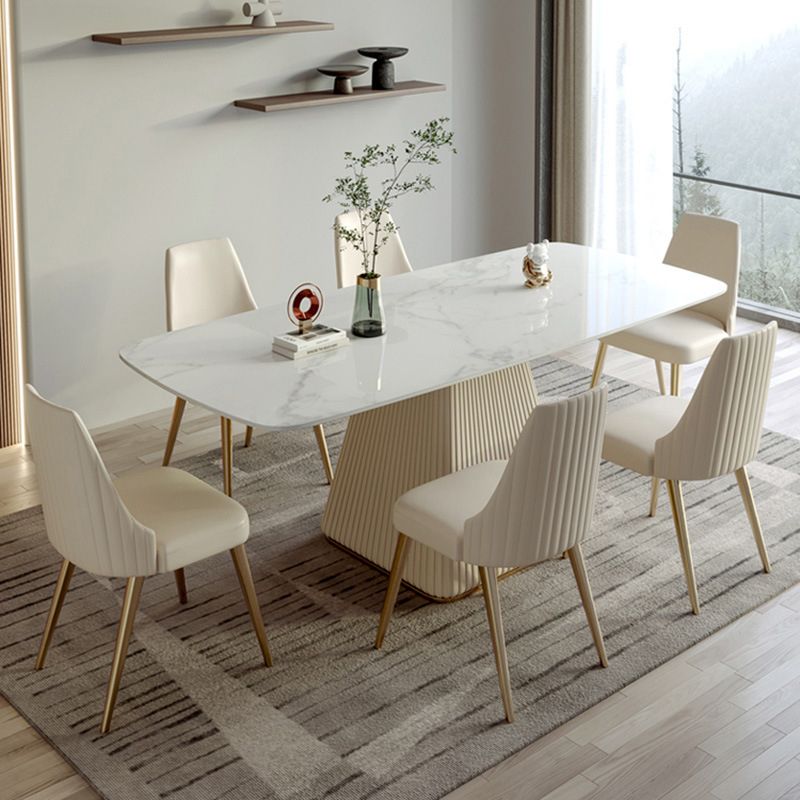 Mesa de comedor de lujo tradicional rectángulo Mesa de piedra sinterizada con base de pedestal blanco