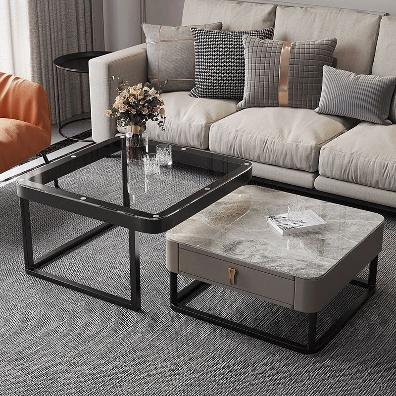 Coffee Table with a Black Frame Base Made of Glass and Rock Sheet and a Square Top