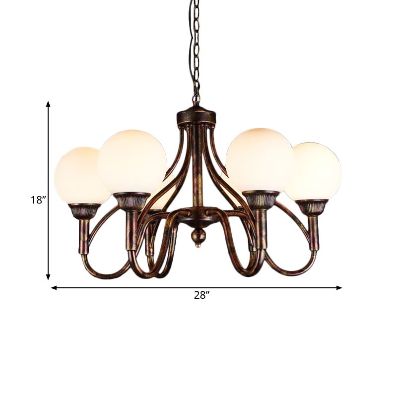 Opal Glass Sphere Chandelier Lamp Rural 6-Head Restaurant Pendant Ceiling Light in Rust