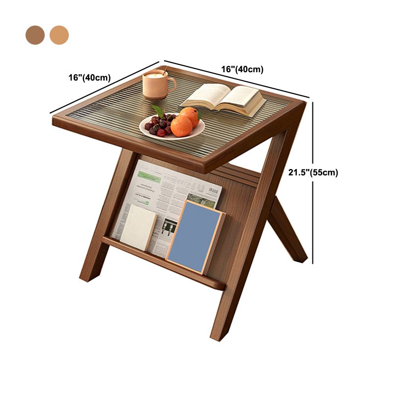 Modernistic Solid Wood X-base End Slide Table Geometric Glass Top End Table