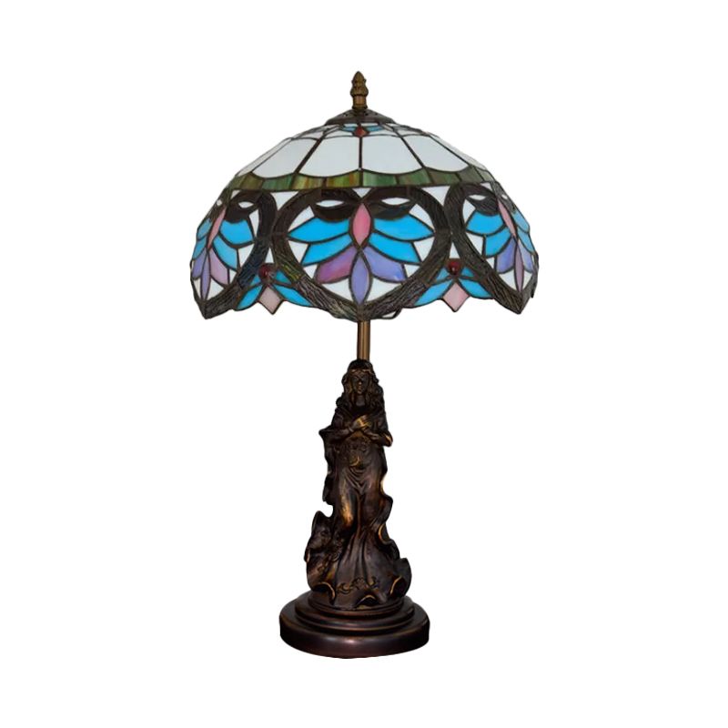 Beige/Blue Stained Glass Dome Table Light Tiffany Style 1 Bulb Bronze Nightstand Lamp with Angel Decoration