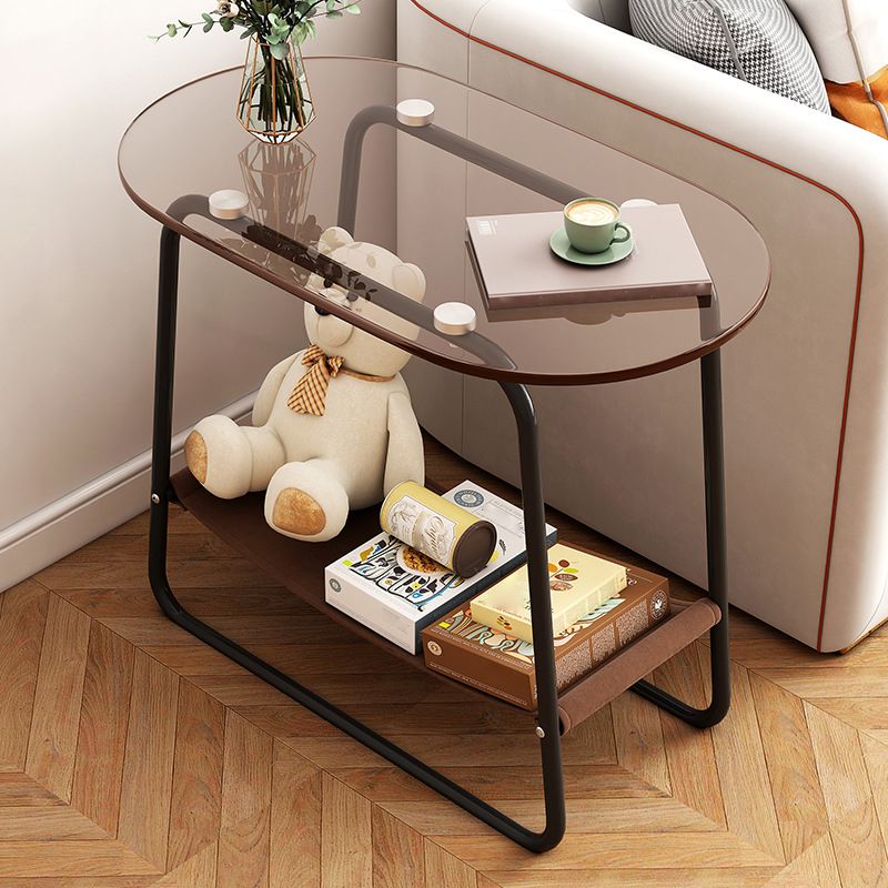 Contemporary Brown Glass Top Side Table Steel Sled Base End Table