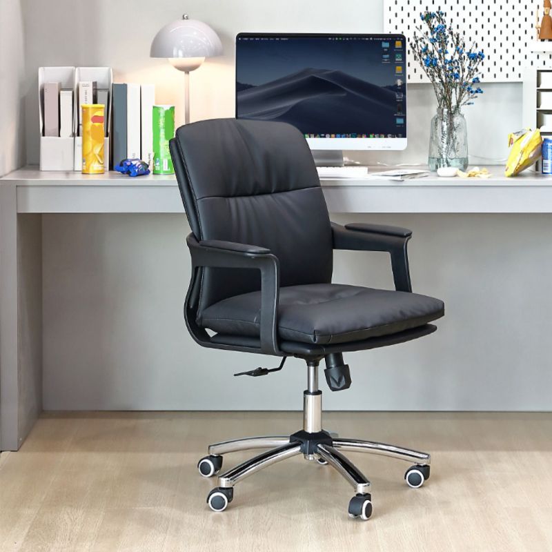 Black Modern Leather Office Chair Adjustable Seat Height Fixed Arms with Wheels
