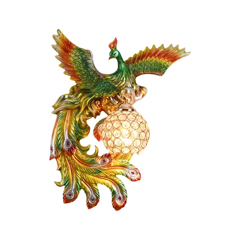1 Bulb Flying Peacock Wall Mount Light Countryside White/Green/Gold Resin Wall Lighting Idea with Beveled K9 Crystal Shade, Left/Right