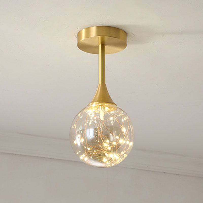 Simple LED Pendant Chandelier Brass Sphere Starry Hanging Lighting with Glass Shade