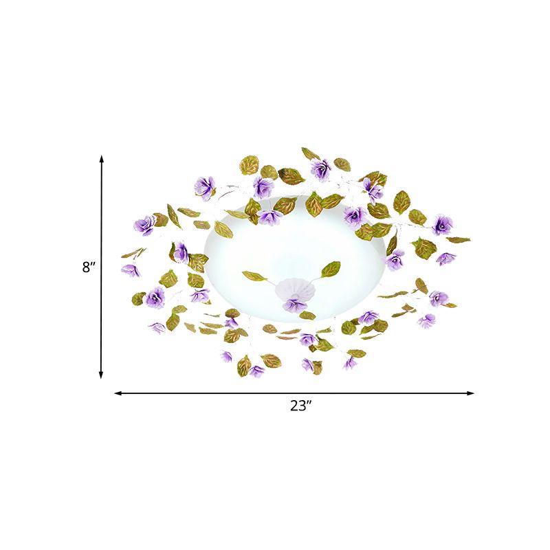 LED White Glass Semi Flush Countryside Purple Domed Bedroom Flush Ceiling Light with Flower and Leaf, 23"/28" W