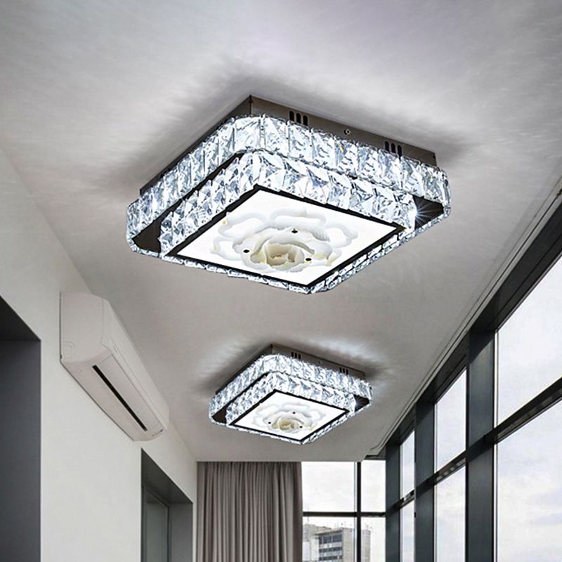 Modern Round/Square Flush Mount Light Faceted Crystal LED Nickel Ceiling Lighting with Floral Design