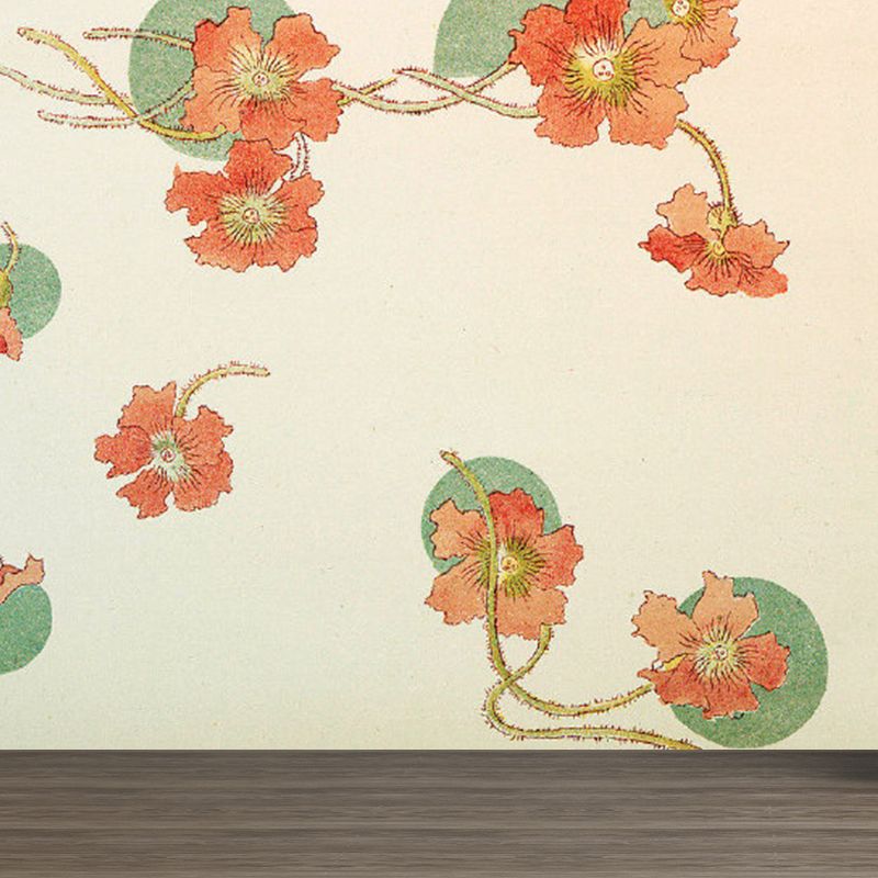 Orange Floral Printed Mural Decal Stain Resistant Contemporary Bathroom Wall Covering