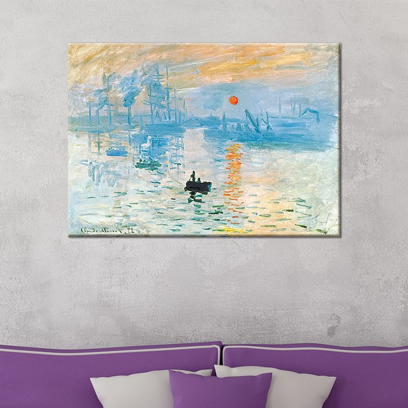 Blue Scenery Wall Art Decor Nightfall Boat on the River Modern Textured Painting