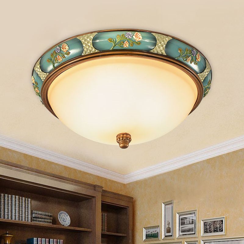 3-Head Ceiling Mounted Light Vintage Bedroom Flushmount Lamp with Dome Frosted Glass Shade in Blue-Green, 15"/19" W