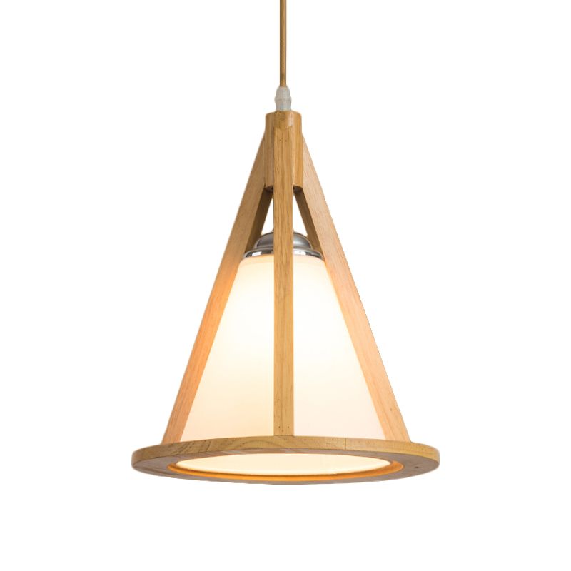 Horn Shaped Cage Wood Pendant Lamp Japanese Single Bulb Beige Ceiling Light with Shade