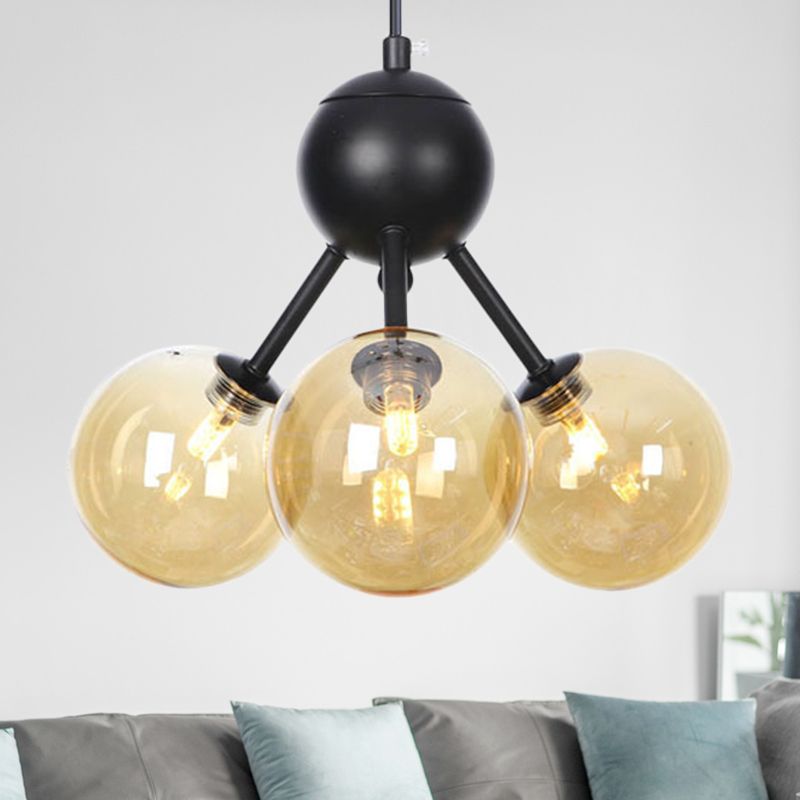 Amber Globe Globe Plafond lustre moderniste 3 têtes LED Pendent suspendu en noir