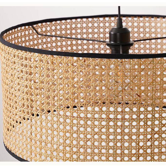 Drum Rattan Schatten Anhänger Hanging Lamp Asia Style 1 Licht hängende Deckenleuchte im Beige für Wohnzimmer