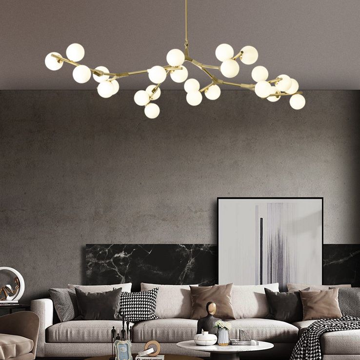 Sospensione di ramo albero luce minimalista in metallo sala da pranzo lampadario con sfera di vetro bianco