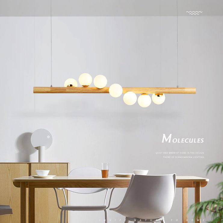 Minimalismo moderno in legno Isola lineare Illuminazione a ciondolo sfera Sfera Glass Island Affermazione Luce per soggiorno