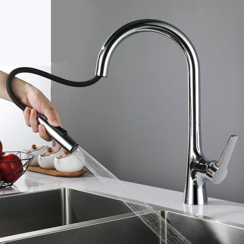 Contemporary Single Handle Standard Kitchen Faucet Pull Down 1-Hold Faucet