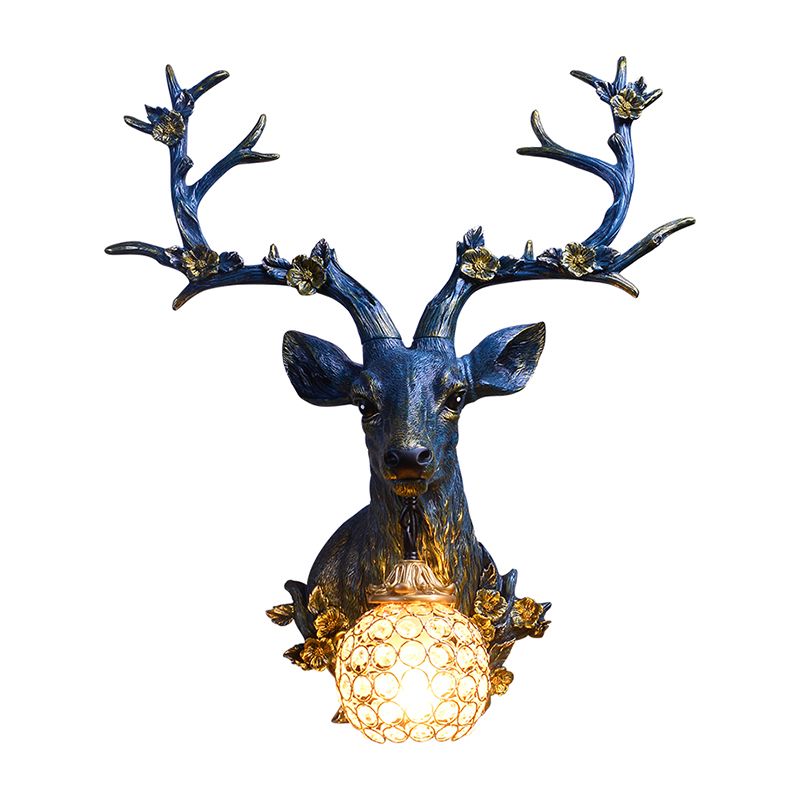 White/Blue 1 Light Wall Lamp Country Style Resin Deer and Flower Wall Mounted Lighting with Faceted Clear Crystal Shade