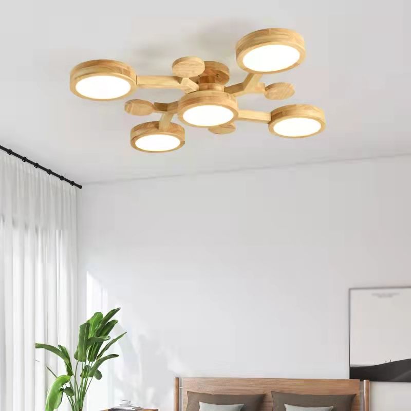 Plafonnier encastré de forme ronde en bois, éclairage encastré moderne multi-lumières en marron