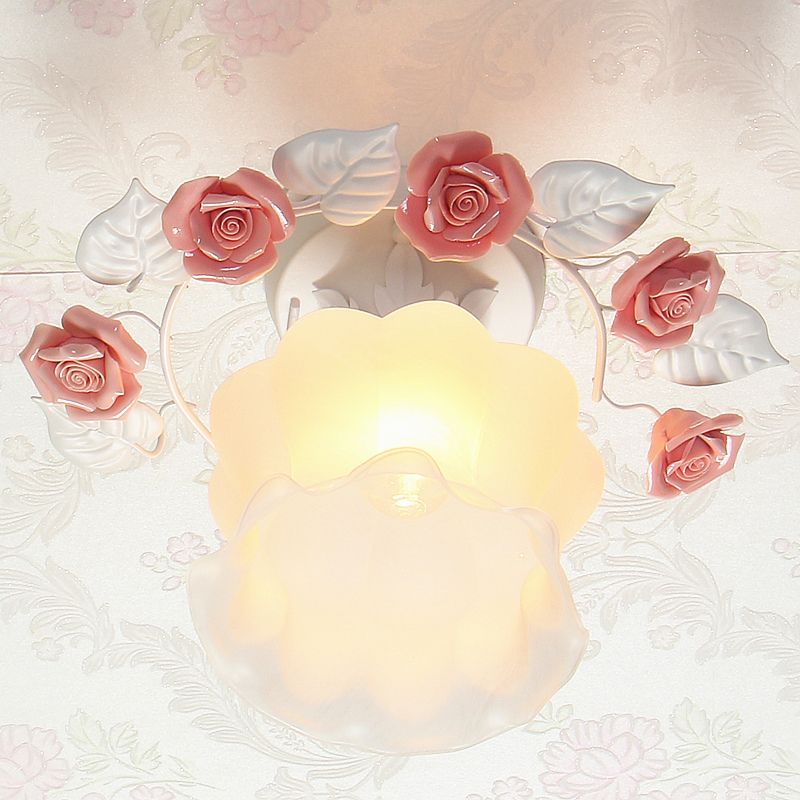 Ruffle Frosted White Glass Semi Flush Mounted Light Pastoral Style 1-Light Dining Room Ceiling Lighting in Pink/White/Blue