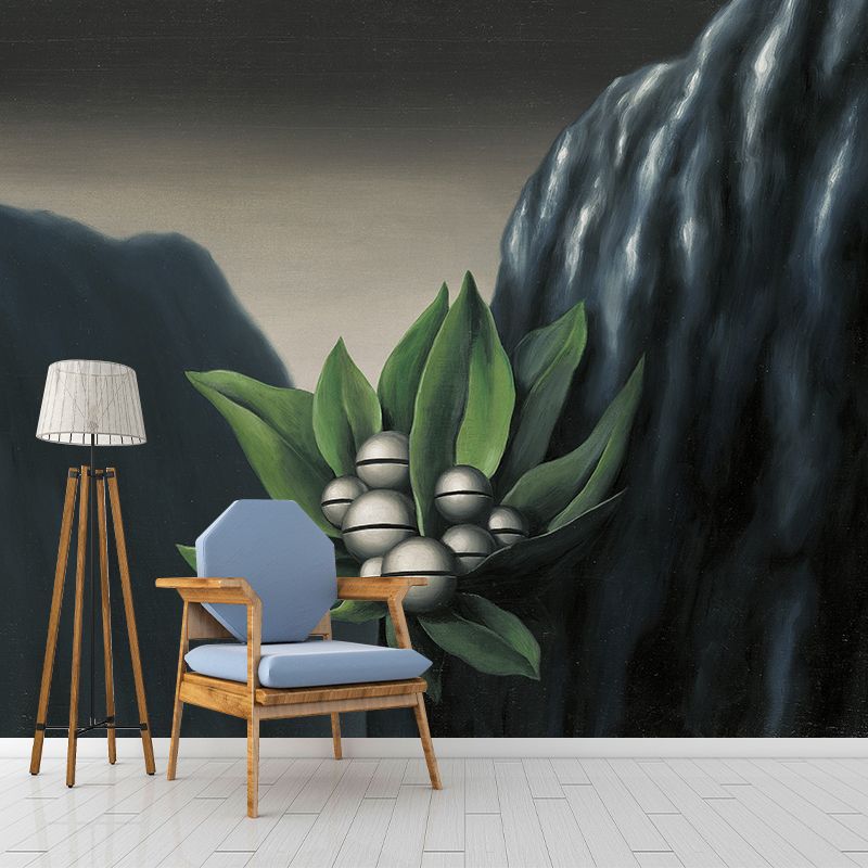 Black-Green Surreal Mural Wallpaper Large Flowers of the Abyss Painting Wall Decor for Home