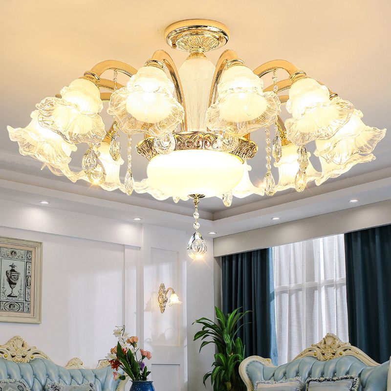 Gold Floral Shade Ceiling Lighting Traditional Ruffle Glass Living Room Chandelier Light with Crystal Draping