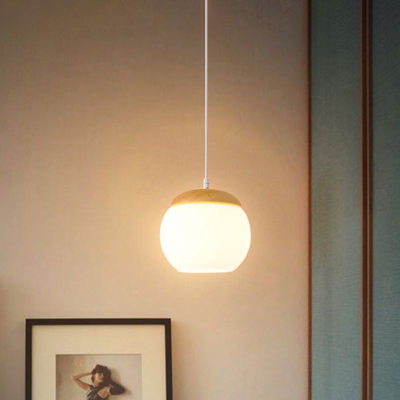 Sphere Hanging Light Fixture Simple Milky Glass 1-Head Wood Drop Pendant for Bedside