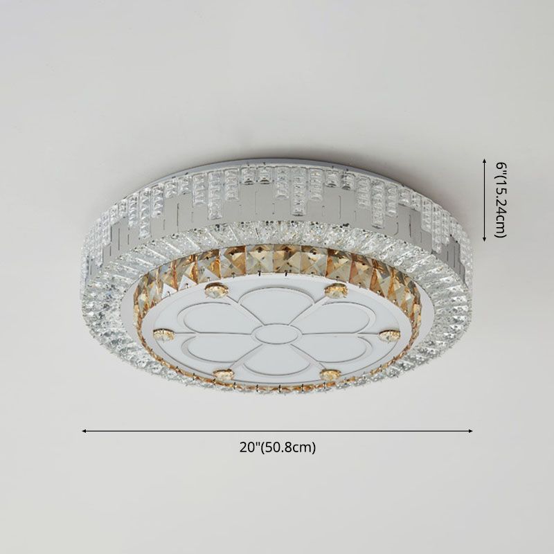 Silver Circular LED Flush Mount in Modern Luxury Style Wrought Iron Ceiling Light with Crystal Shade