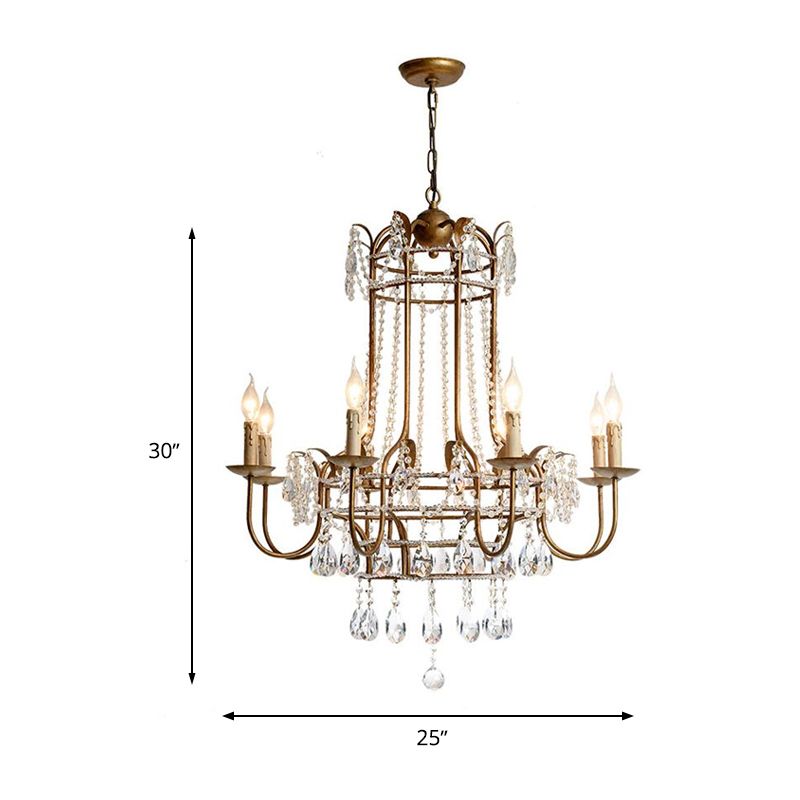 Curved Arm Metal Chandelier Lamp Traditionary 6 Heads Brass Hanging Pendant Light with Clear Crystal Drop