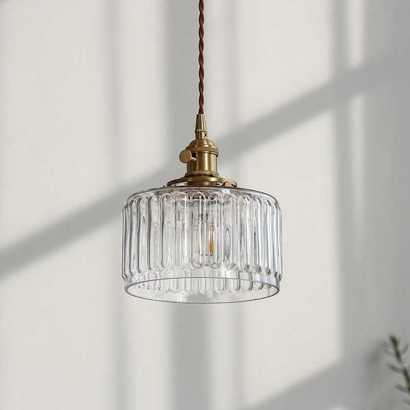Industrial Drum Ceiling Light Single Glass Hanging Pendant Light in Gold for Restaurant