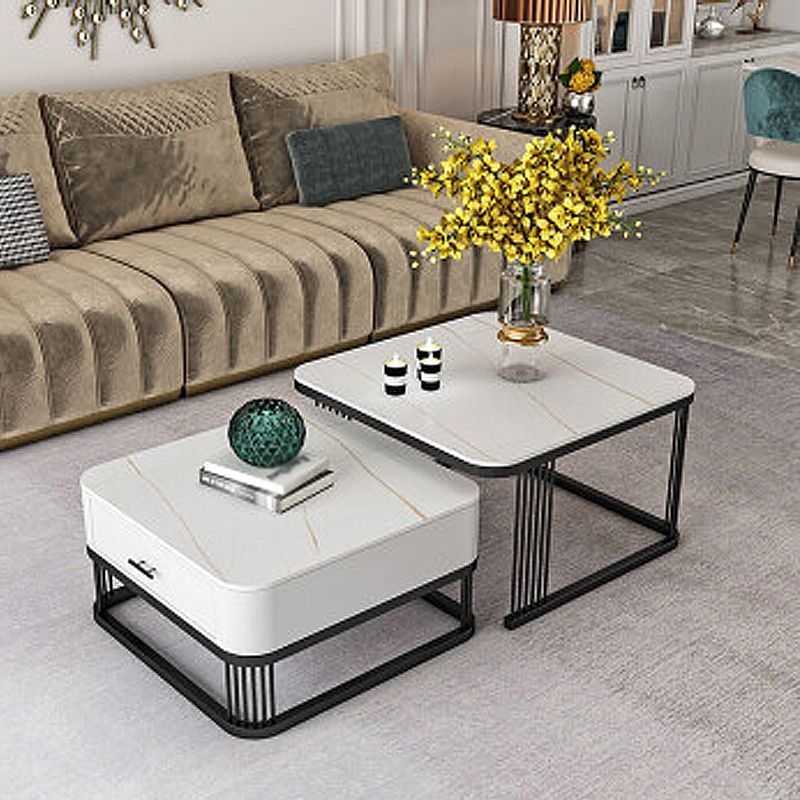 Square Slate Top Coffee Table with Drawers Frame Base 2 Nestling Cocktail Table