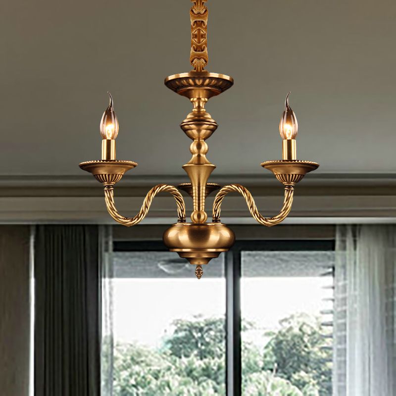 Colonial Candle Chandelier Pendant Lighting 3/5/6 Lights Metal Hanging Ceiling Lamp in Brass with Curved Hemp Rope Design Arm