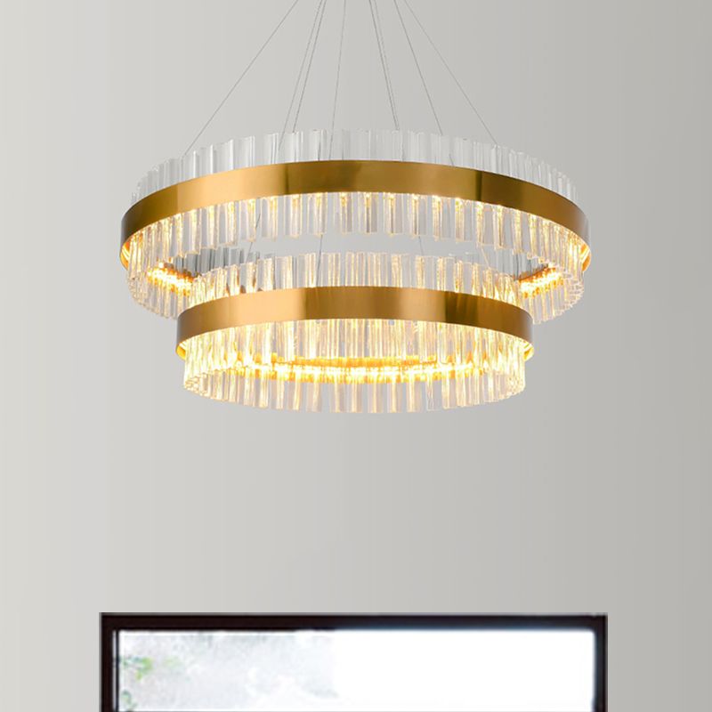 2 Tiers Living Room Hanging Lamp Three Side Crystal Rod Postmodern 23.5"/31.5" Wide LED Hanging Light in Gold