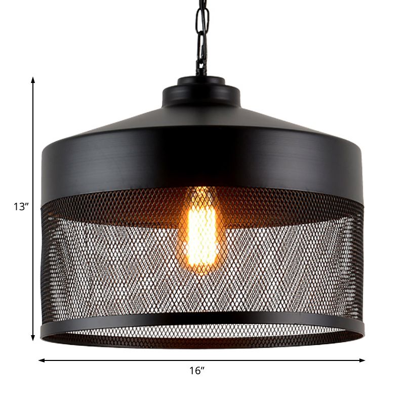1 Head Metal Hanging Light Industrial Style Black Mesh Drum Shade Restaurant Pendant Light Fixture