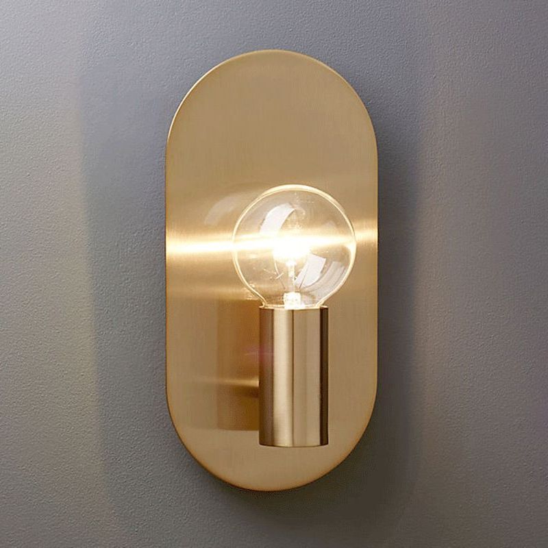 Exposed Bulb Design Sconce Light Postmodern Metal 1-Light Gold Finish Wall Light with Oval Backplate