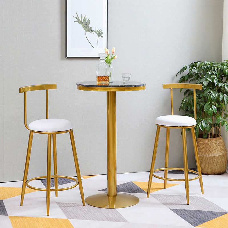 Glam Round Counter Bar Stool White Leather Bar Stool with Footrest in Gold