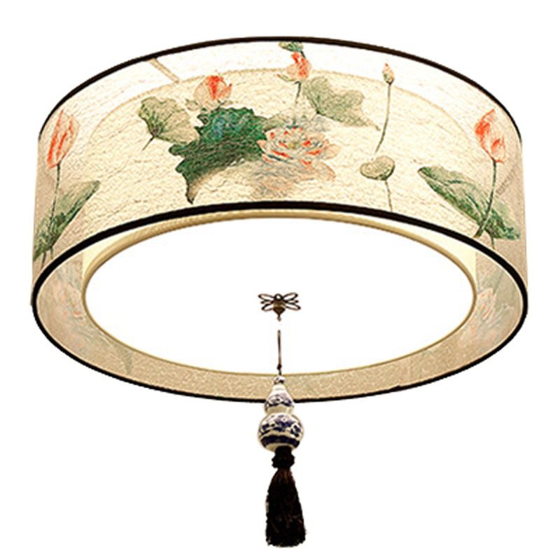 Traditional Classic Geometric Flush Mount Wrought Iron Indoor Ceiling Light with Fabric Shade