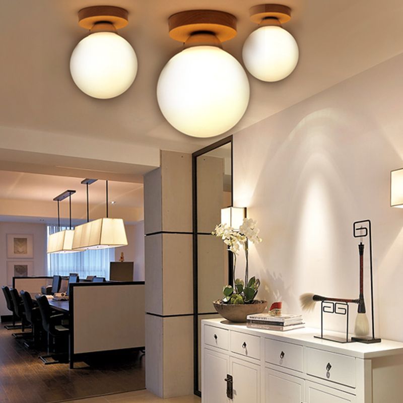 Sphere Corridor Ceiling Lighting Blown White Glass 1 Head Simple Style Flush Light in Wood