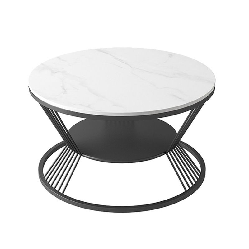 Glam Round Stone Top Coffee Table with Steel Shelf and Frame Base