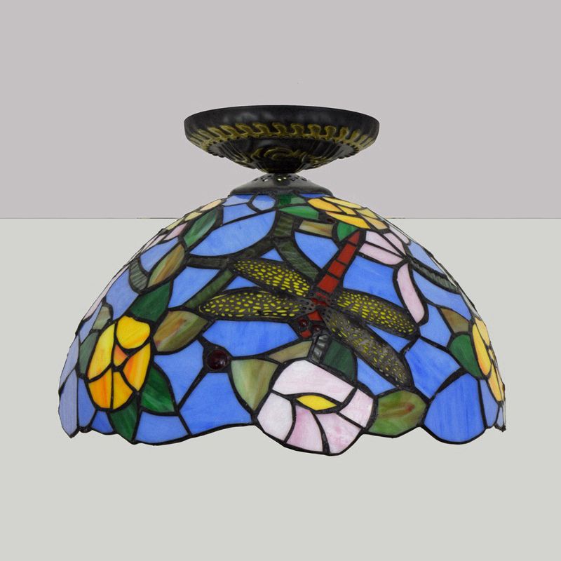 Lampe encastrée Tiffany Dragonfly, 1 ampoule, vitrail proche du plafond, luminaire en laiton