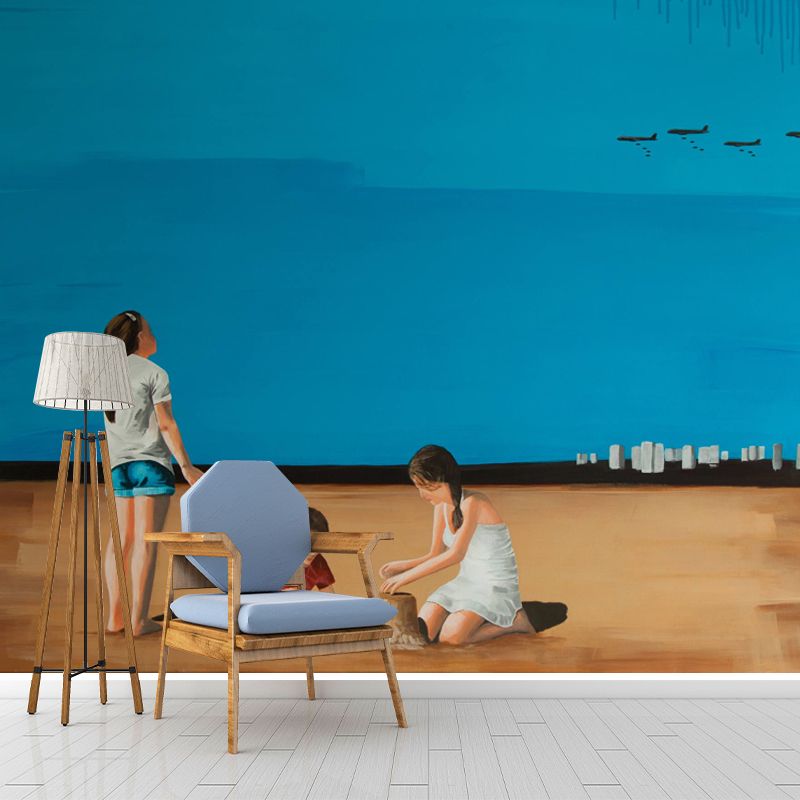 Artistic Kids Wall Paper Mural with Have Fun at Beach Painting Blue-Brown Wall Covering