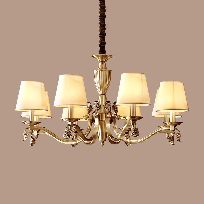 Brass Candelabra Ceiling Lighting Modern Metallic Chandelier Light Fixture with Tapered Fabric Shade