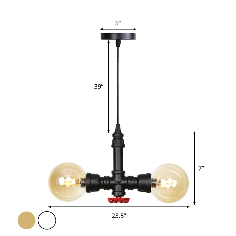 2 Bulbs Chandelier Pendant Lighting Vintage Sphere Amber/Clear Glass Hanging Lamp Fixture in Black