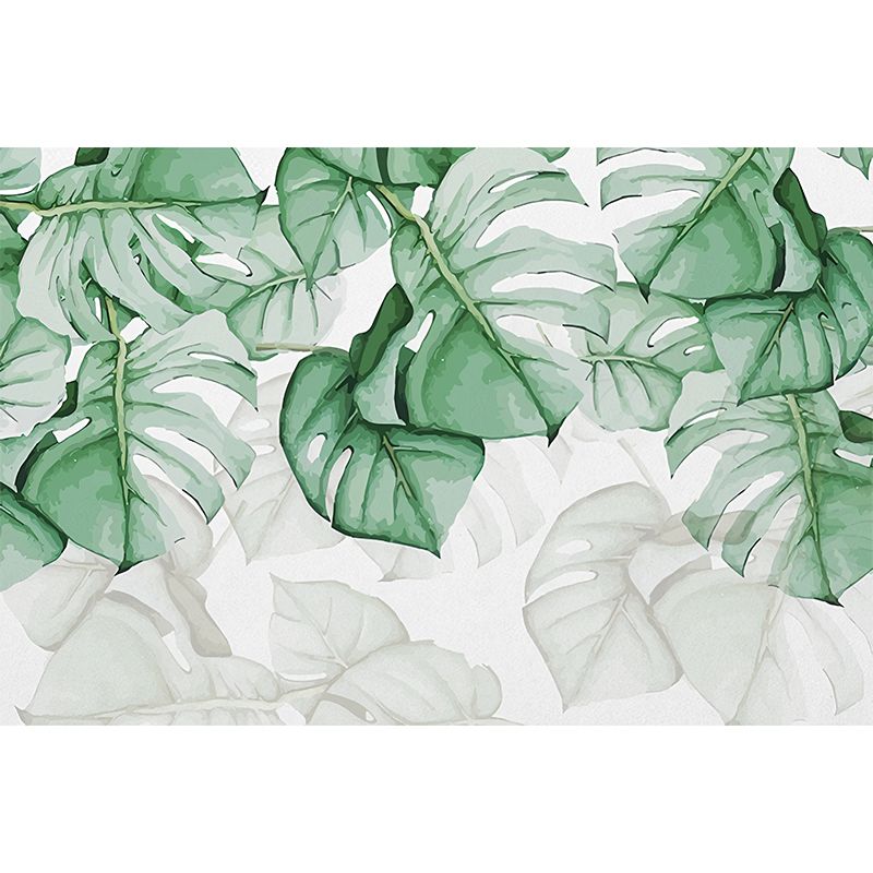 Contemporary Banana Leaves Wall Mural Green and White Wall Covering for Living Room, Customized Size Available