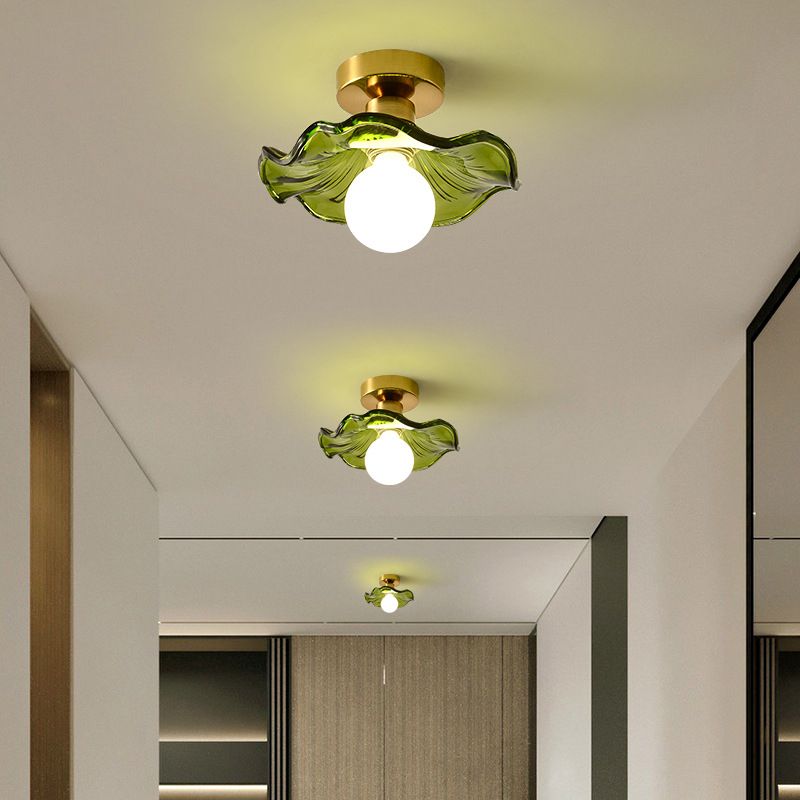 Wavy Shape Flush Mount Modern Style Glass 1 Light Flush Light in Clear /Green