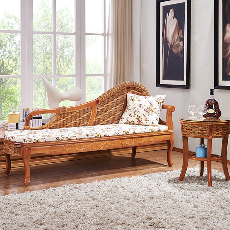 Traditional Rattan Chaise Lounge with Pillow and Arm Floral Lounge Chair for Living Room
