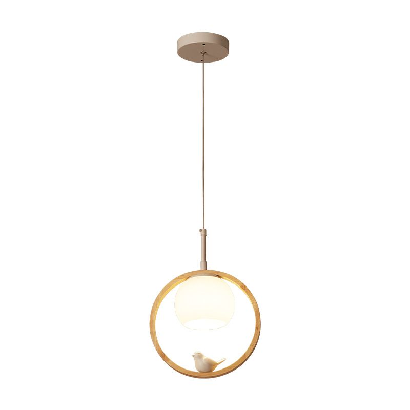 1 Luz de colgante ligero Lámpara de colgante de madera natural redonda contemporánea con pájaro pequeño