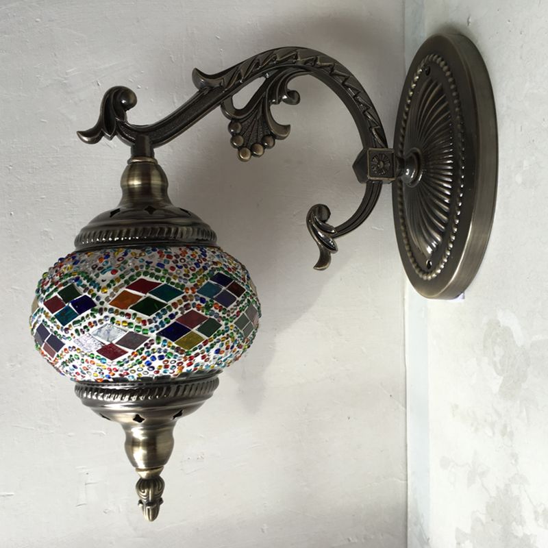 Curved Arm Sconce Light Traditionary Metal 1 Head Bronze Wall Mounted Lamp with Ball Yellow/Green Glass Shade for Balcony